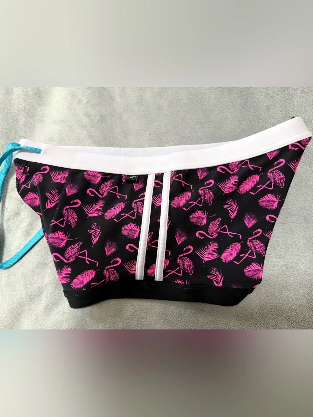 Andrew Christian Black Square Cute bathing suit with Pink Flamingo Print. Mens M